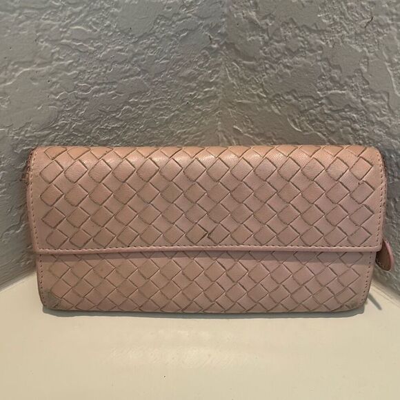 Bottega Veneta Women's Zip Around Long Wallet Light Pink Woven Leather Classic - Picture 1 of 15